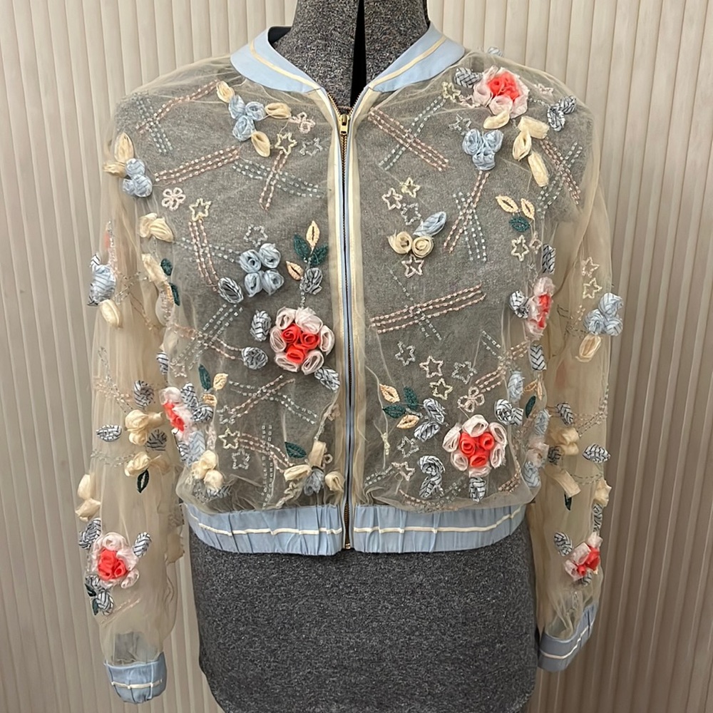 Anthropologie Not So Serious 3-D Rosebush Nude Bomber Style Jacket Size Large